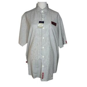 JNCO Jeans Men's White Striped Short Sleeve Bowling Shirt Size L New Old Stock